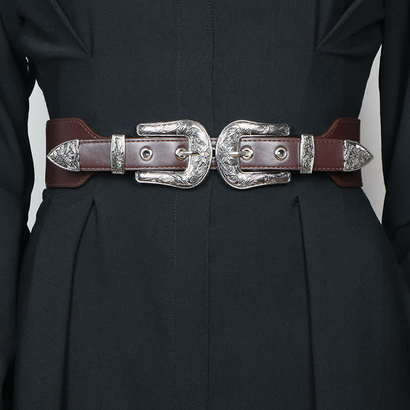 Cinturón elástico de cuero con doble hebilla para mujer, ideal para pantalones vaqueros y vestidos.