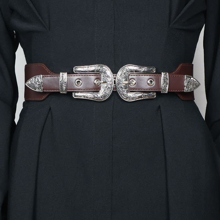 Cinturón elástico de cuero con doble hebilla para mujer, ideal para pantalones vaqueros y vestidos.