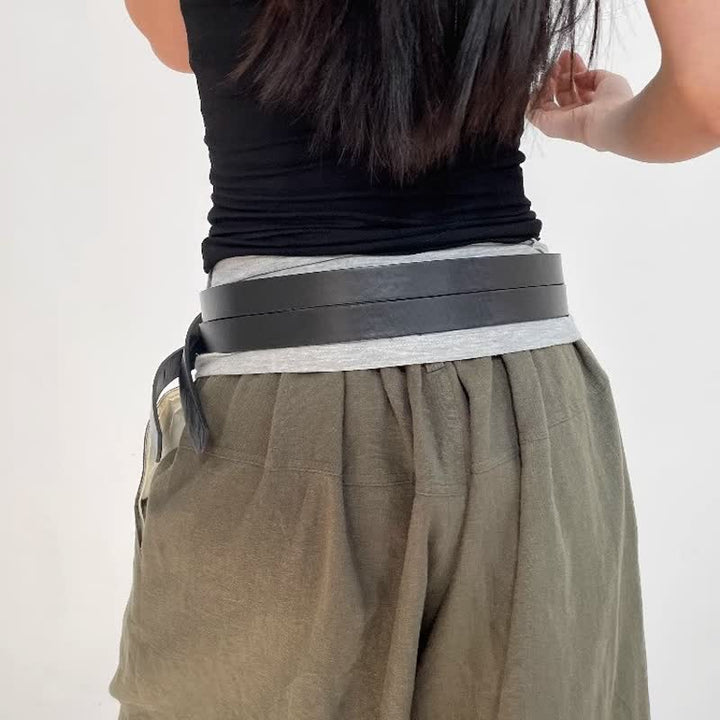 Cinturón de cuero negro con doble correa y doble punta para mujer