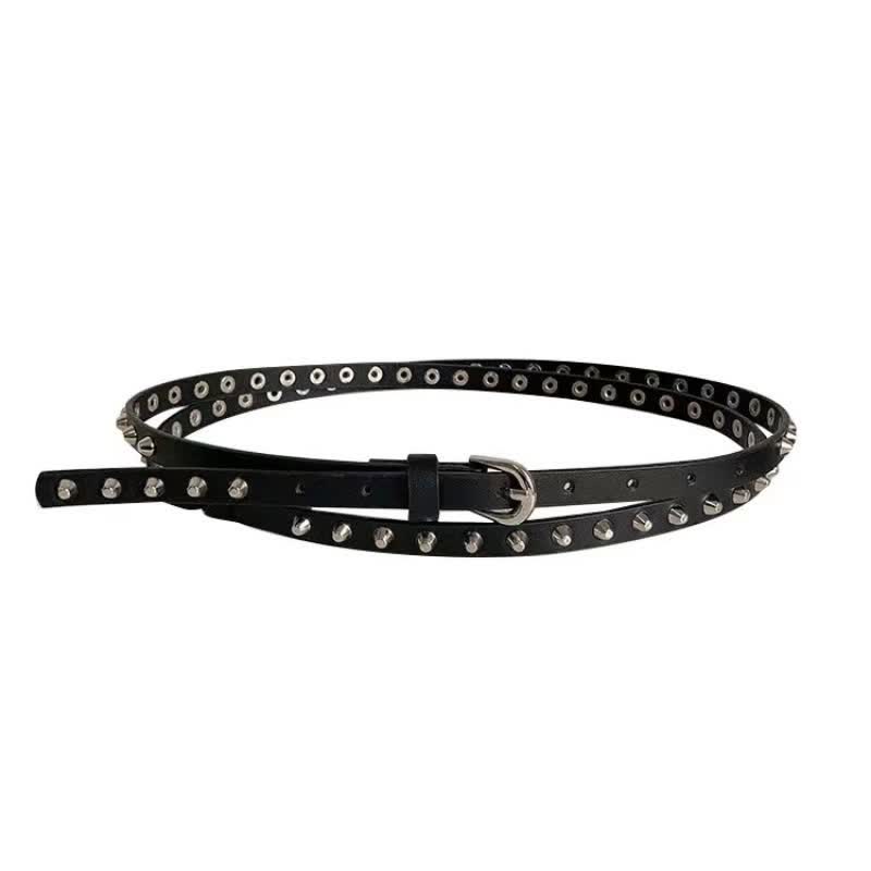 Cinturón de cuero con remaches punk, informal, extra largo y de doble capa, color negro, para mujer