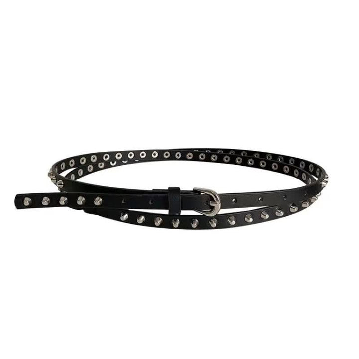 Cinturón de cuero con remaches punk, informal, extra largo y de doble capa, color negro, para mujer