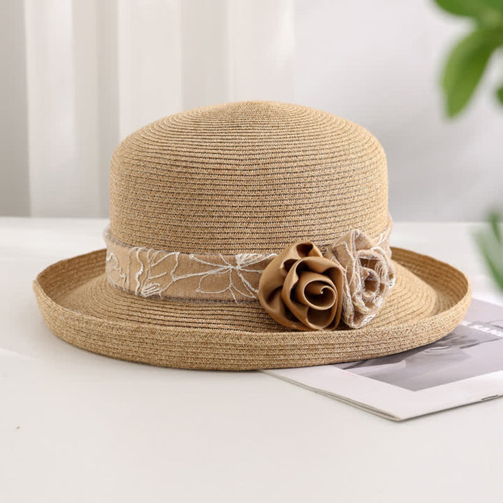 Sombrero de paja de verano con ala enrollada y gasa de rojo con flores dobles para mujer