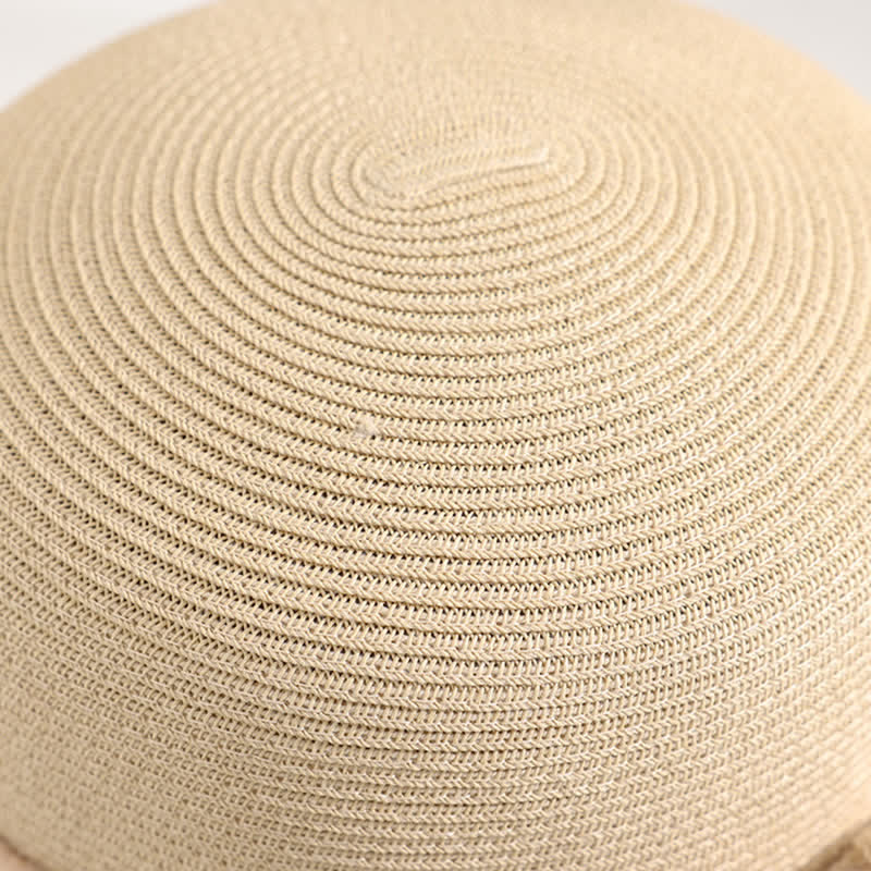 Sombrero de paja de verano con ala enrollada y gasa de rojo con flores dobles para mujer
