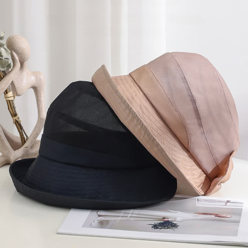 Sombrero de sol de seda plegable con ala ancha y lazo grande para mujer