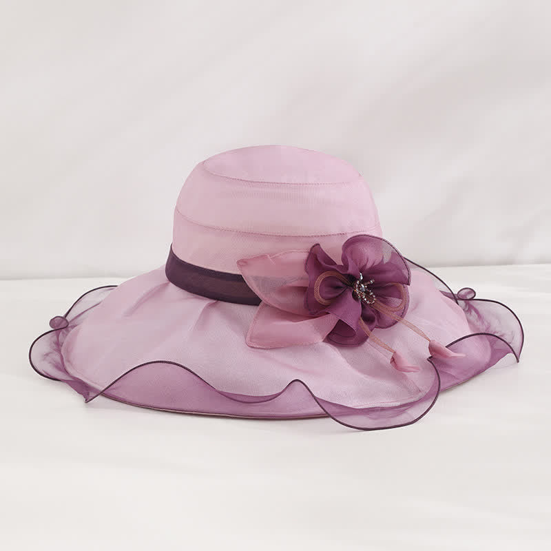 Sombrero de sol de seda plegable para playa, con ala ancha y flores, para mujer