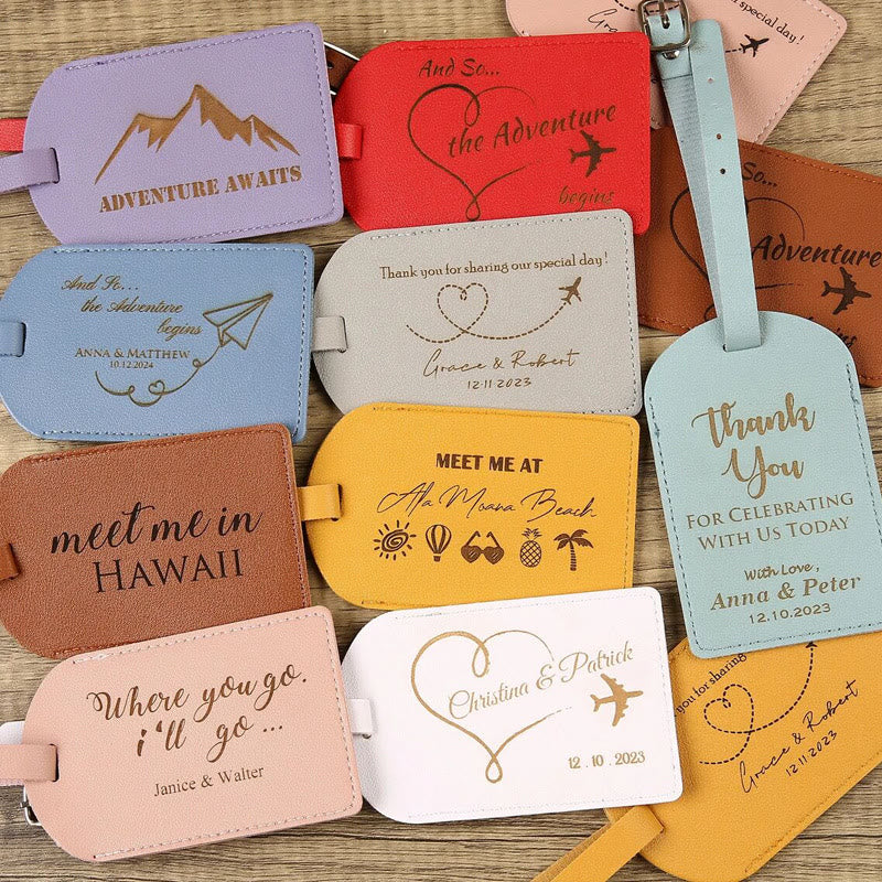 Etiqueta de equipaje de cuero de viaje con texto personalizado de una cara
