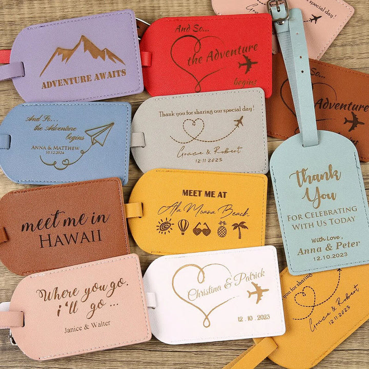 Etiqueta de equipaje de cuero de viaje con texto personalizado de una cara