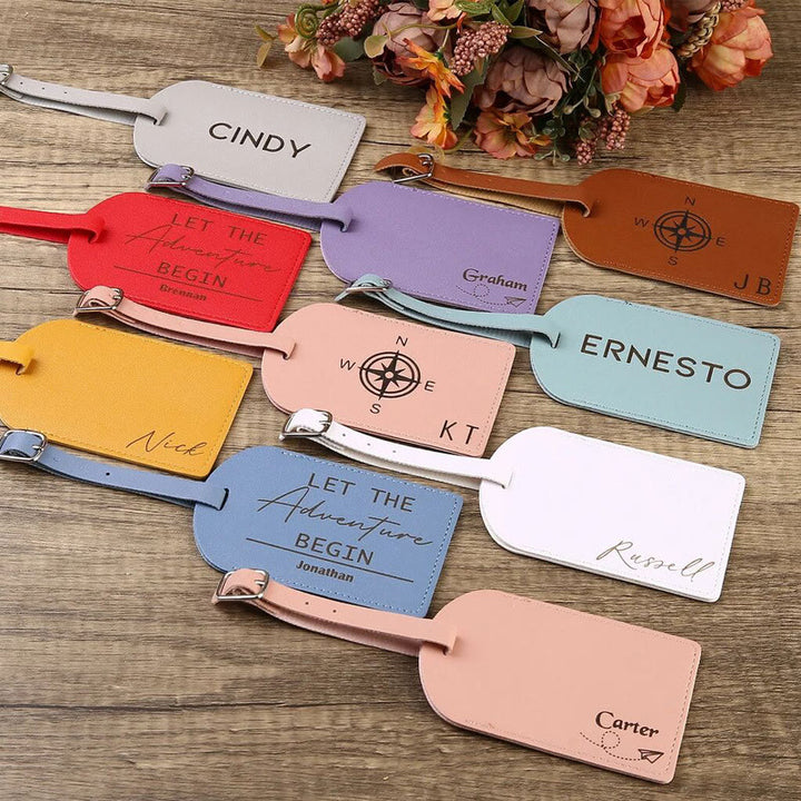 Etiqueta de equipaje de cuero de viaje con texto personalizado de una cara