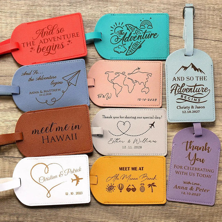 Etiqueta de equipaje de cuero de viaje con texto personalizado de una cara
