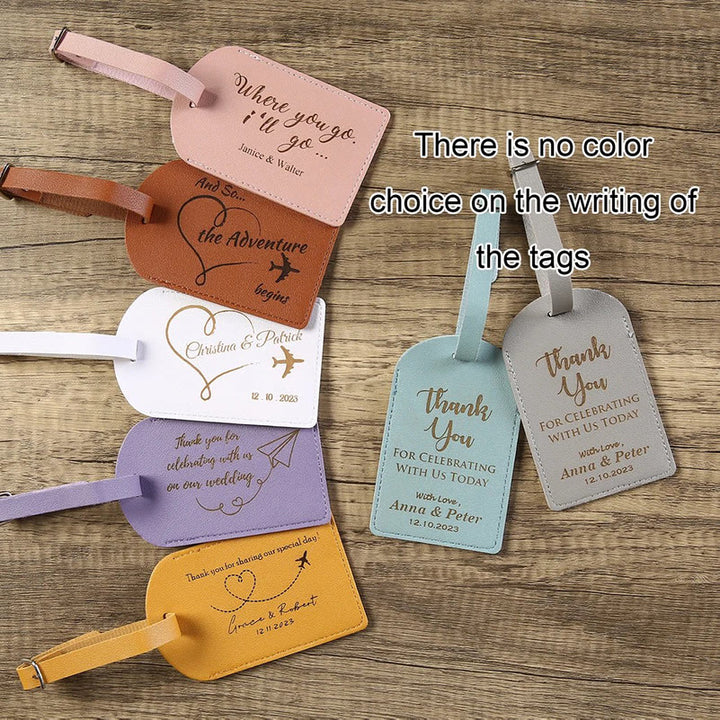 Etiqueta de equipaje de cuero de viaje con texto personalizado de una cara