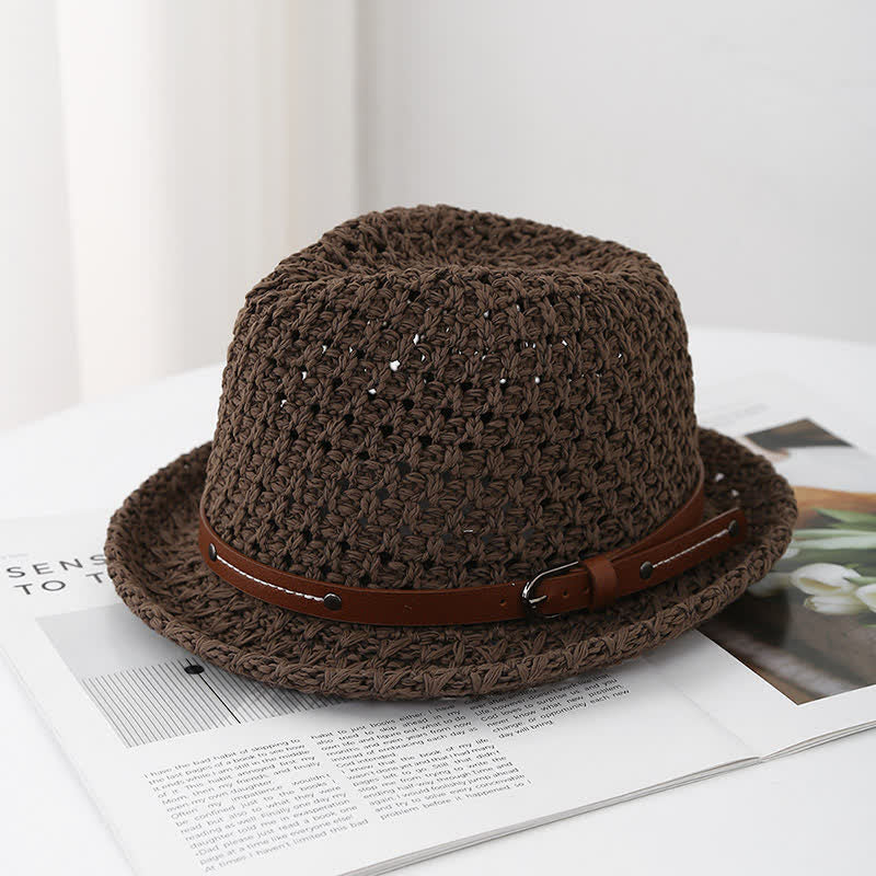 Sombrero Fedora de paja ahuecado con correa de cuero decorativa para hombre