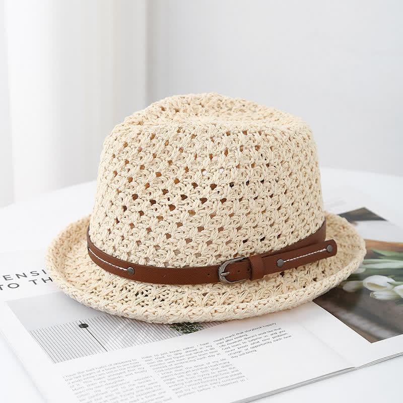Sombrero Fedora de paja ahuecado con correa de cuero decorativa para hombre