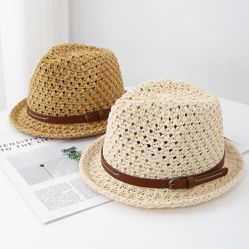 Sombrero Fedora de paja ahuecado con correa de cuero decorativa para hombre