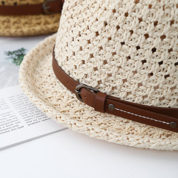 Sombrero Fedora de paja ahuecado con correa de cuero decorativa para hombre