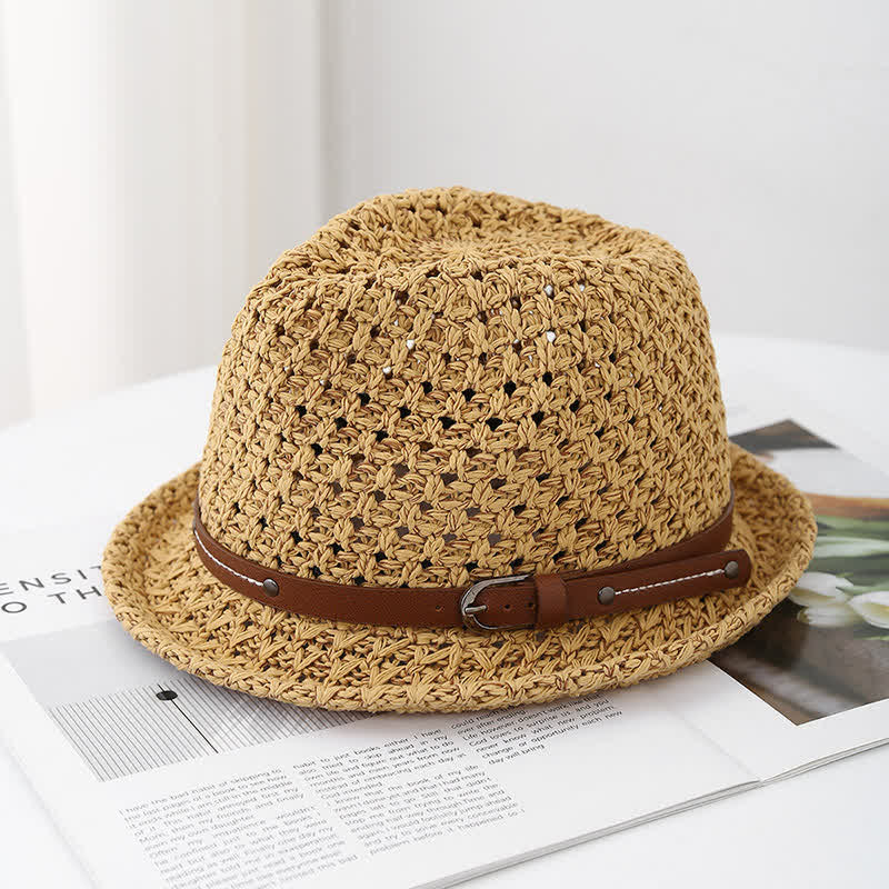 Sombrero Fedora de paja ahuecado con correa de cuero decorativa para hombre