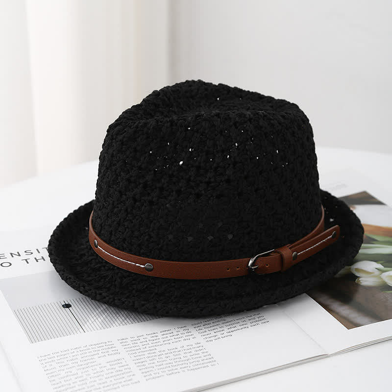 Sombrero Fedora de paja ahuecado con correa de cuero decorativa para hombre
