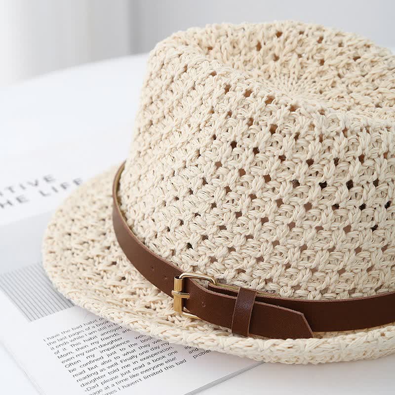 Sombrero Fedora de paja con correa de cuero estilo británico clásico para hombre