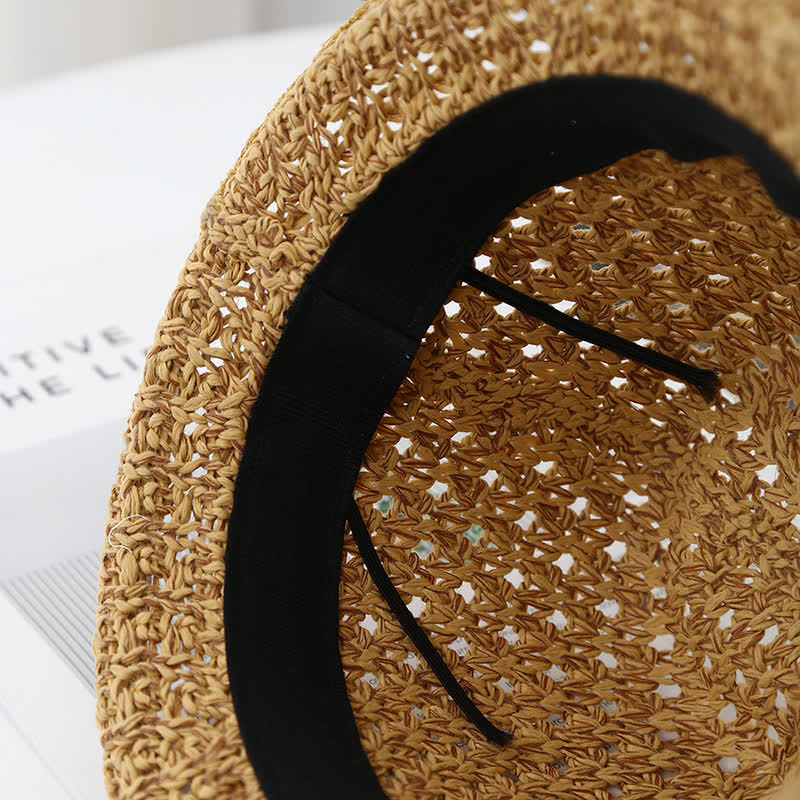 Sombrero Fedora de paja de verano hueco con correa de cuero plegable para hombre