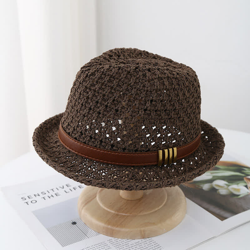 Sombrero Fedora de paja de verano hueco con correa de cuero plegable para hombre