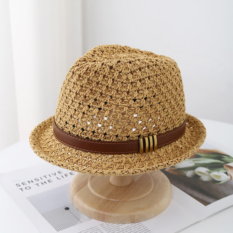 Sombrero Fedora de paja de verano hueco con correa de cuero plegable para hombre