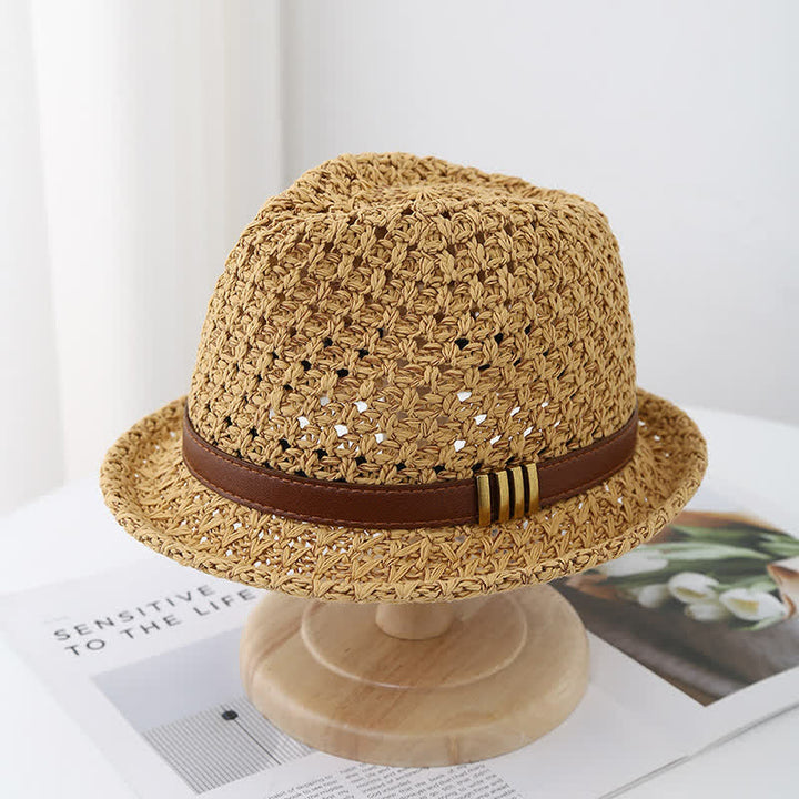 Sombrero Fedora de paja de verano hueco con correa de cuero plegable para hombre