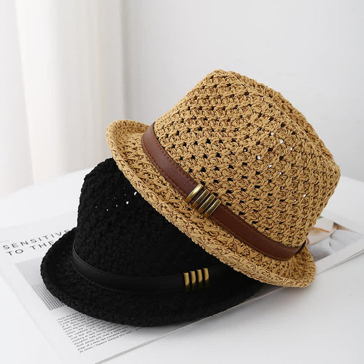 Sombrero Fedora de paja de verano hueco con correa de cuero plegable para hombre