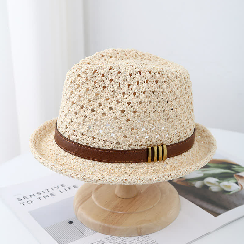 Sombrero Fedora de paja de verano hueco con correa de cuero plegable para hombre