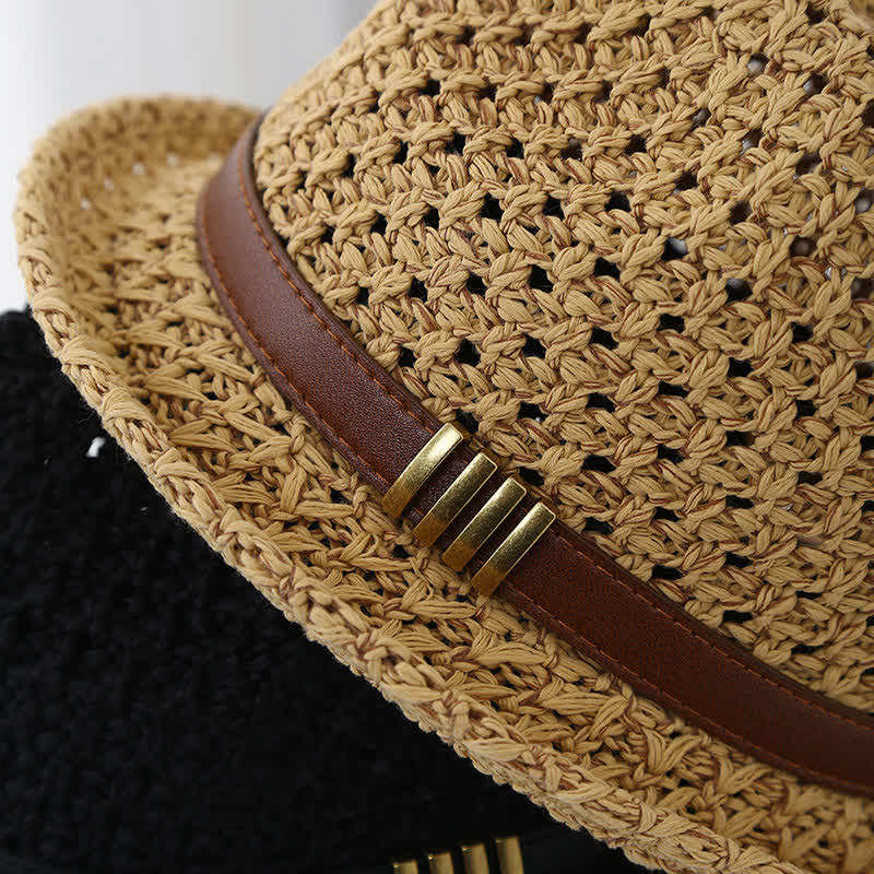 Sombrero Fedora de paja de verano hueco con correa de cuero plegable para hombre