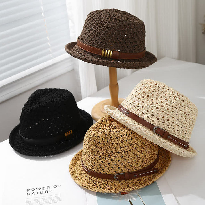 Sombrero Fedora de paja de verano hueco con correa de cuero plegable para hombre