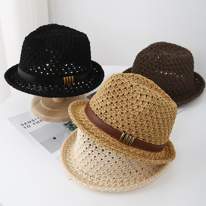 Sombrero Fedora de paja de verano hueco con correa de cuero plegable para hombre