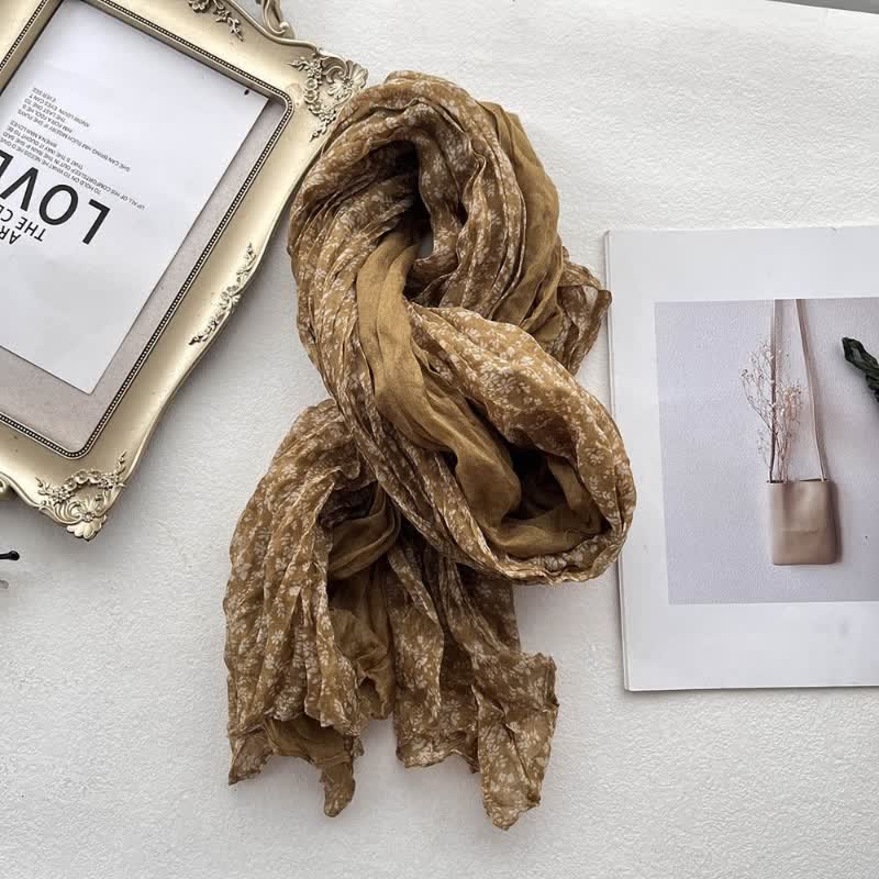 Bufanda fina de lino y algodón con pliegues florales artísticos para mujer
