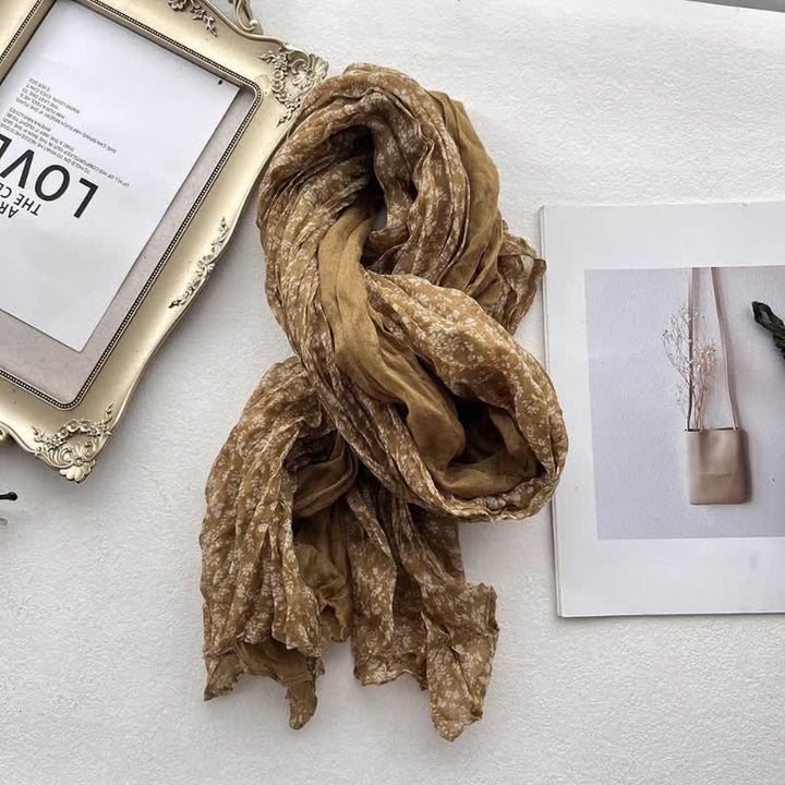 Bufanda fina de lino y algodón con pliegues florales artísticos para mujer