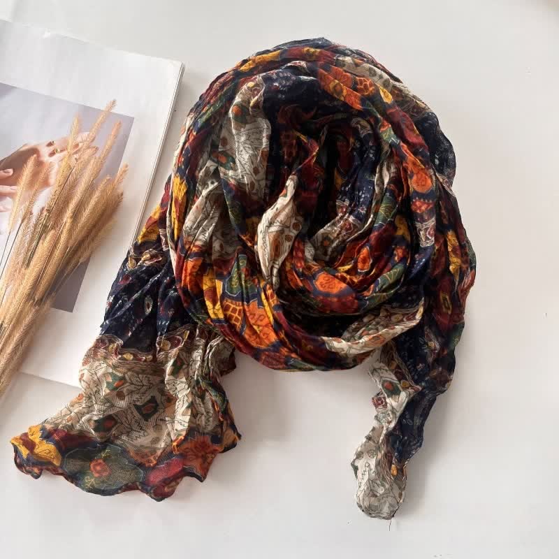 Bufanda fina de lino y algodón plisada de estilo étnico para mujer para otoño