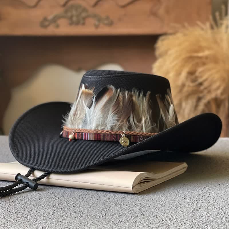Sombrero de vaquero occidental con banda de plumas estilo étnico de ala grande