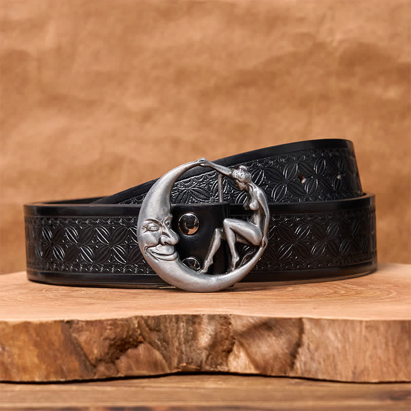 Cinturón de cuero con hebilla de luna para hombre, novedoso, hecho a mano