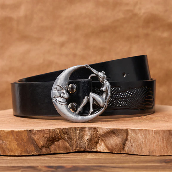 Cinturón de cuero con hebilla de luna para hombre, novedoso, hecho a mano