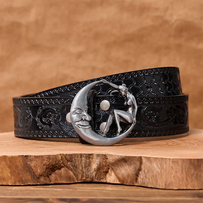 Cinturón de cuero con hebilla de luna para hombre, novedoso, hecho a mano