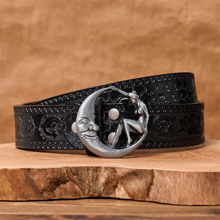 Cinturón de cuero con hebilla de luna para hombre, novedoso, hecho a mano