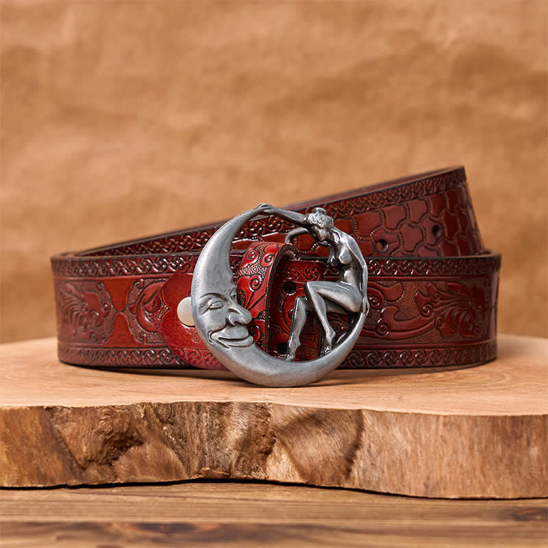 Cinturón de cuero con hebilla de luna para hombre, novedoso, hecho a mano