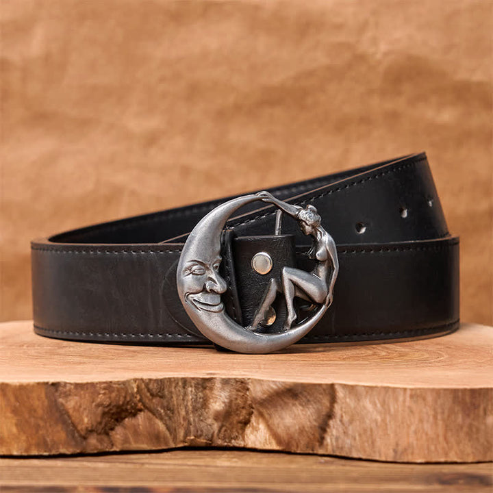 Cinturón de cuero con hebilla de luna para hombre, novedoso, hecho a mano