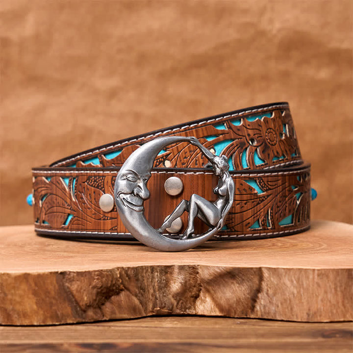 Cinturón de cuero con hebilla de luna para hombre, novedoso, hecho a mano