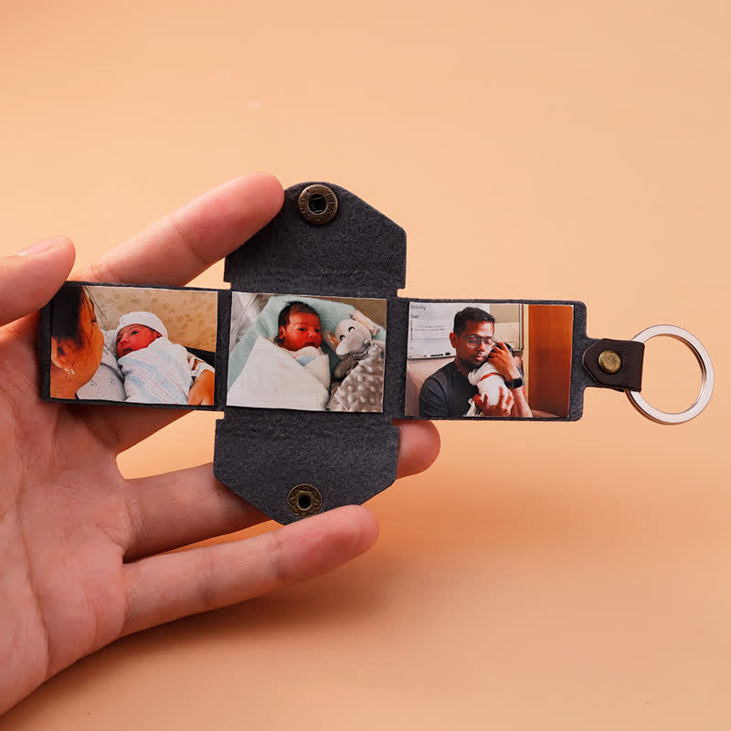 Llavero de cuero marrón personalizado con 3 fotos y texto tallado