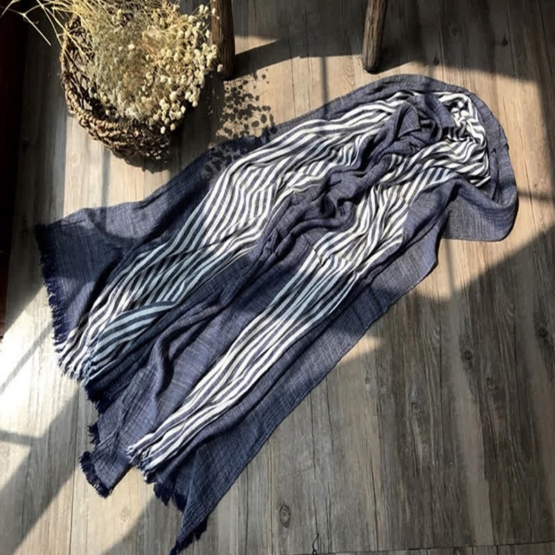 Bufanda artística plisada de mezcla de algodón fino con estampado de rayas clásicas