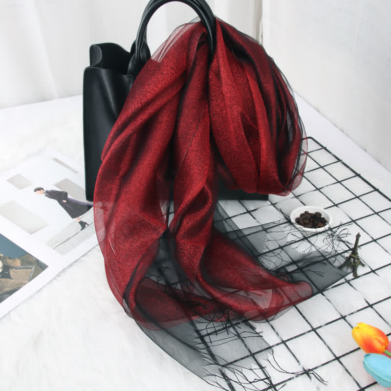Bufanda de seda de organza con borlas brillantes y doble capa para mujer