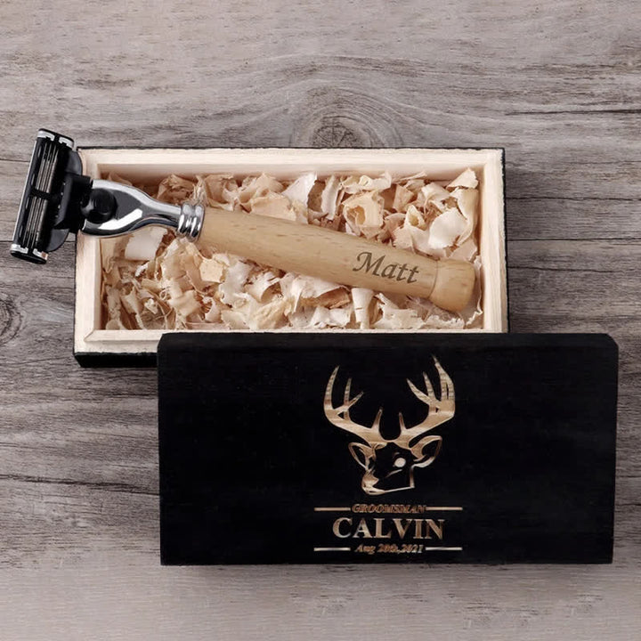 Juego de 3 navajas de afeitar personalizadas con nombre para padrinos de boda y caja de madera - image 4