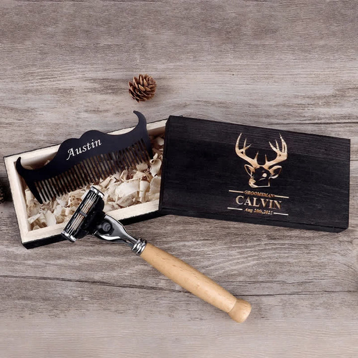 Juego de 3 navajas de afeitar personalizadas con nombre para padrinos de boda y caja de madera - image 2