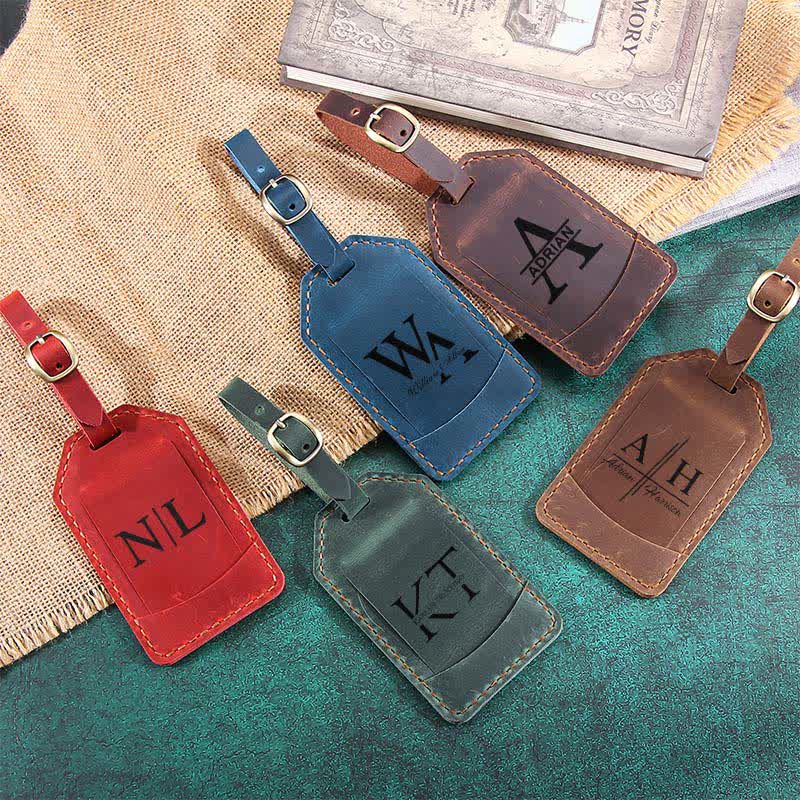Etiqueta de equipaje de cuero de vaca retro con texto personalizado de una cara