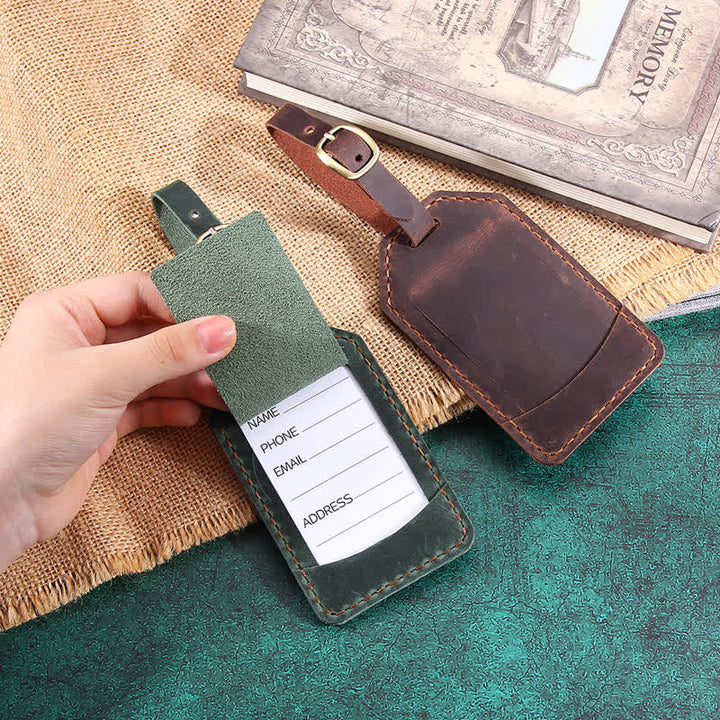 Etiqueta de equipaje de cuero de vaca retro con texto personalizado de una cara