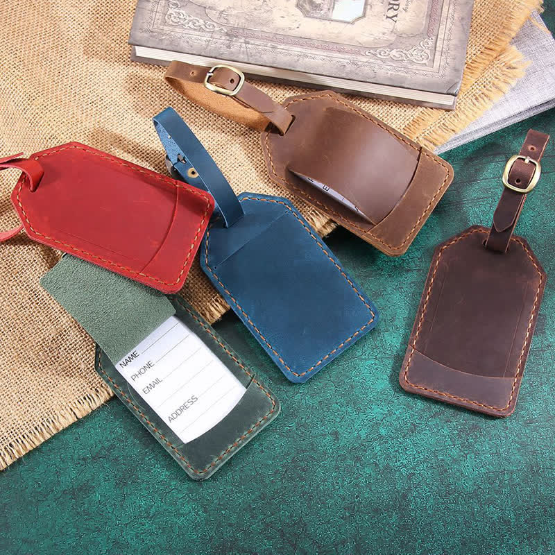 Etiqueta de equipaje de cuero de vaca retro con texto personalizado de una cara