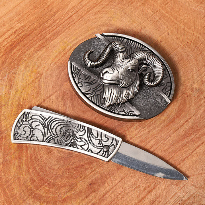 Cinturón de cuero con cuchillo plegable oculto de cabra para hombre, hecho a mano
